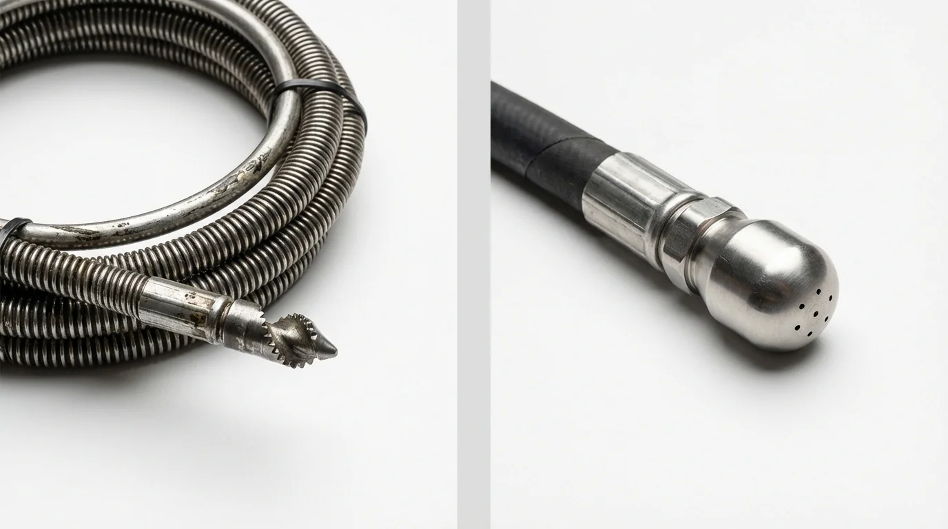 Drain snake cable and hydro jetting nozzle used for drain cleaning in Farmington, NH