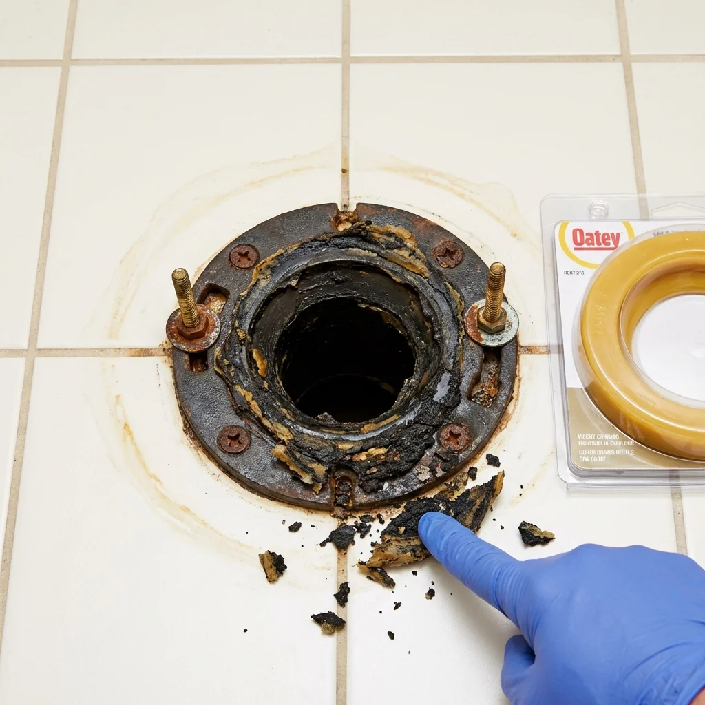 Failed wax ring showing water seepage at the base of a toilet in a Farmington, NH home