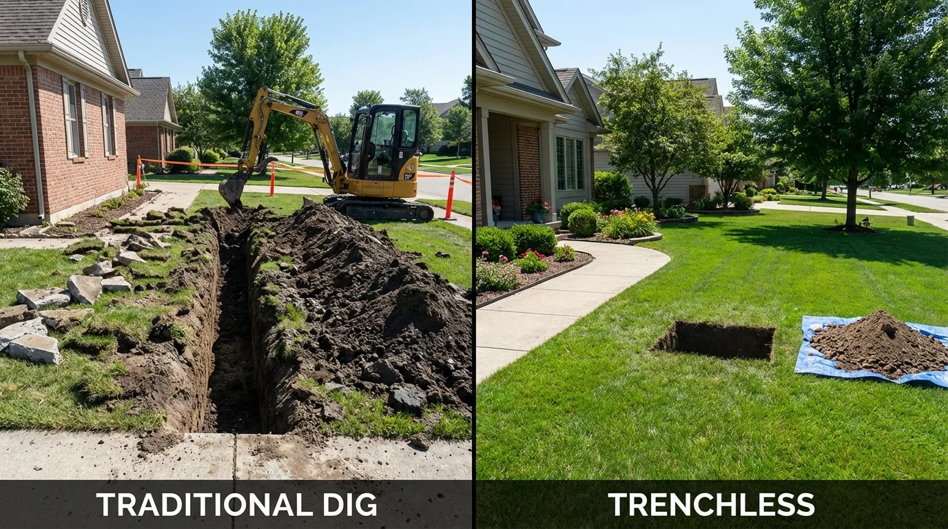 Trenchless sewer repair with minimal yard damage versus traditional excavation in Farmington, NH
