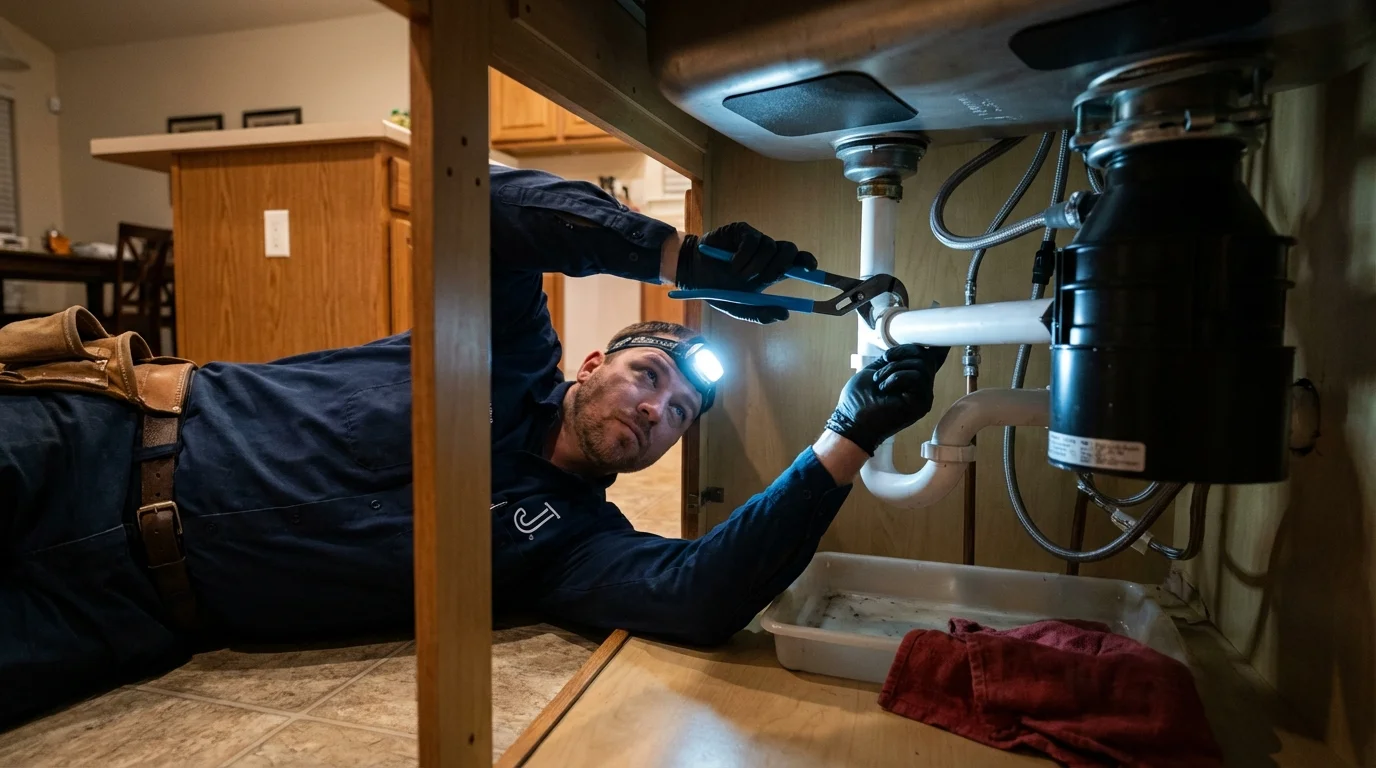 P-trap and supply line connections under a kitchen sink showing a common leak point in Farmington, NH